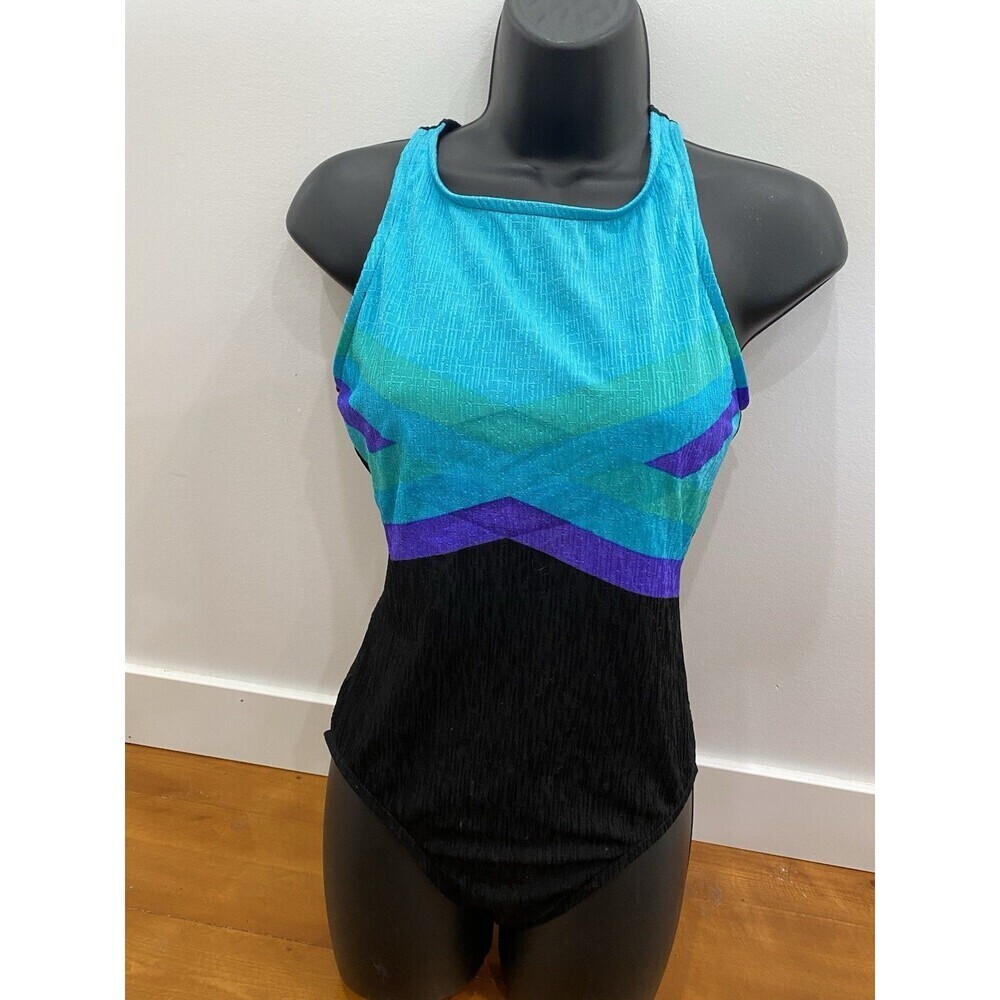 Jantzen Vintage Geometric One Piece High Neck Swimsuit 12 Blue Purple Black